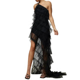 Layered Dress y2k Women Solid Color One Shoulder Sleeveless Backless High Split Ruffled Long Dress 2000s Party