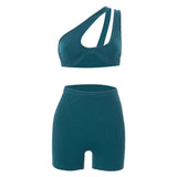 Spring Fitness Workout Women Two Piece Set Diagonal Collar Sleeveless Hollow Ribbed Top+Biker Shorts Tracksuit Sportwear