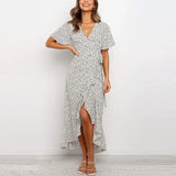 New Vintage Printed Long Maxi Dress Women Summer Boho Beach Split Dress V Neck Short Sleeve Ruffles Casual Warp