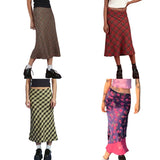 Women's Plaid Print High Waisted Midi Skirt A-Line Bodycon Long Pencil Skirt Y2K Streetwear E-Girl 90S