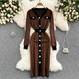 Women Elastic Knitted Dress Long Sleeve O Neck Button Belt Slim Sheath Dresses Autumn Sexy Bodycon Split Short