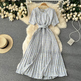 Women Summer Pleated Print Dress 2022 Vacation Sashes Floarl Gentle Short Sleeves Ladies Slim A Line Long