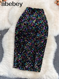 Women Sequins Glitter Pencil Skirt 2022 Fashion Autumn Winter High Waist Slim Bodycon Skirt Knee Length Club Party