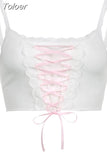 Sweet Cute Lace Straps Ribbon Bandage Tank Top White Kawaii Crop tops Coquette Aesthetic Casual Basic Lolita Camis