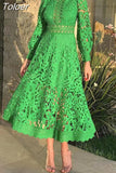 Vintage Solid Loose Dress For Women Stand Collar Long Sleeve High Waist Cut Out Lace Panel Dresses Female Spring Fashion