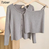 Sling Camisole Knitted Cardigan Jacket Women Korean Fashion Basic Vest+long Sleeve Top Solid 2 Piece Set Sweater