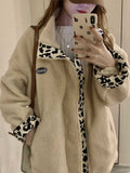Leopard Print Women Fleece Jackets Motorcycle Jacket Faux Lamb Fur Kawaii Coat Teddy Fur Coat Fleece Parkas Cropped