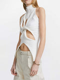 2023 Summer Women's Knitted Tops New Fashion High Collar Hollow Out Kink Sleeveless Solid Color Tank Tops Female