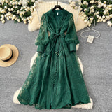 High-End Women's Dress 2025 Spring Collection Heavy Industry Embroidery V Neck Lantern Sleeve Single Row Buckle Long