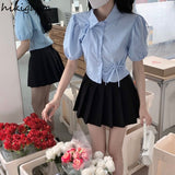 Blusas De Mujer Puff Sleeve Tunic Bow Blouses Women Clothing Crop Tops Hollow Out Folds Summer Shirts Chic Vintage