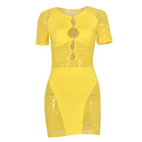 Sisterlinda Autumn Sexy See Through Bodycon Mini Dress Women Casual Street Short Sleeve Hollow Out Party Clubwaer Female