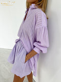 Fashion Purple Women'S Suit Autumn Elegant Loose High Waist Office Shorts Set Female Casual Lapel Blouses Two Piece