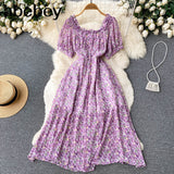 Sweet Floral Dress Women Green Square Collar Short Sleeve A-line Dresses Summer Bohemian Print Beach