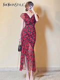TWOTWINSTYLE Sexy Print Floral Sling Dress For Women V Neck Short Sleeve High Waist Colorblock Midi Dresses Female Summer