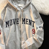 Letter Embroidery Oversized Zip Up Hoodie-Outfit