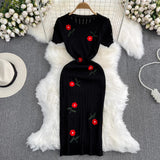 Summer Fashion Temperament Short-Sleeved Round To Receive Waist Thin Long Embroidery Knitted Coat