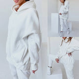 Print Fleece Women Hoodie 2 Pieces Set Full Sleeve Hooded Top Jogger Long Sweatpant Women's Tracksuit Loose Casual