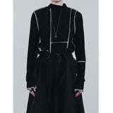 Women Black Brief Topstitched Slim Casual T-shirt New Turtleneck Long Sleeve Fashion Tide Spring Autumn 2023