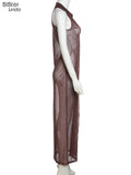 Sisterlinda Stunning Elegant Mesh V-Neck Maxi Dress Women Sleeveless Button Snake Turn-Down Collar Party Clubwear Female