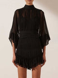 Vintage Fold Dress Long Lantern Sleeve Turtleneck High Waist Slim Summer Dresses Women Fashion Clothes 2023