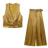 New Gold Button-Up Silk-Sense Blouse 7484091 Belt Silk-Sense Wide Leg Trousers