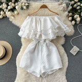 Sexy Slash Neck Off Shoulder Ruffle Rompers Women Summer Elegant High Waist Wide Leg Playsuits Green/White/Black Jumpsuits