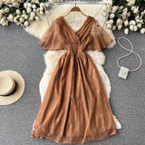 Women French Lace Dress Short Sleeve V Neck Elastic Ruched A-line Dresses 2022 Summer Elegant Streetwear Midi