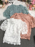 New Summer Sweet All-match O-neck puff sleeve Blouse hollow out Lace Crochet stitching Shirt