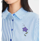 Women Shirts 2022 Winter Long Sleeve Polo Neck Loose Blouse Blue Stripes Embroidery Casual Streetwear