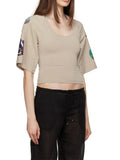 Fashion Women's T-shirt Loose Round Neck Half Sleeve Backless Cartoon Print Khaki Short Tops Cotton Summer 2023 New