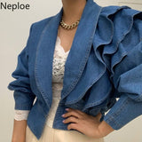 Fall 2023 Women Clothing Cropped Denim Jacket Vintage Turn-down Collar Puff Sleeve Ruffles Crop Tops Korean Jean
