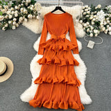 Banquet Dress High-End Light Luxury Niche Leaf-Side Cake Dress Heavy Industry Folds Long