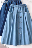 Vintage Denim Midi Skirt Women 2023 Spring Summer A Line HIgh Waist Knee Length Jeans Skirt Female with Pocket