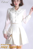Autumn Tweed 2 Piece Outfits Suits Women Sexy Short Cropped Tops Coat Blazer Suit Pleated High Waist Mini Skirt Mujer