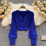 New Spring Shirts Women Elegant Vintage Solid Long Sleeves Slim Tops Fashion Button Sexy Streetwear Short