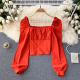 Women Fashion Korean Blouse Long Sleeve Square Collar Solid Slim Office Tops Autumn Casual Streetwear Short