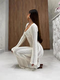 Women's Fashion Elegant V-Neck Knitted Dress Horny Sleeves Hollowed-Braceed Long