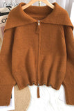 Solid Sweater Cardigan Women Sailor Collar Knitted Sweater Coats Casual Loose Zip Up Korean Fashion Knitwear Chic