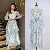 Dress Women 2025 New Fashion Collar Single Buckle Waist Lace Splicing Lotle Side Print