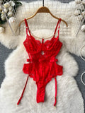 Sexy Women See Through Mesh Lace Bodysuits Black Red Spaghetti Strap Sleeveless Chain Decoration Body Femme