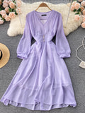 Autumn Vintage V-Neck Chiffon Dress Women Elegant Puff Long Sleeve High Waist Purple/Green/White Robe Female Casual Vestidos