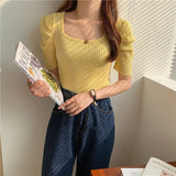 T Shirts Women Summer 2022 Solid Square Collar Short Puff Sleeve Female Tops Loose Casual Cotton Ladies
