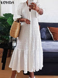 Summer Shirt Dress Women Casual Half Sleeve V Neck Button Down Pleated Long Dresses VONDA Ladies 2022 Bohemian Vestidos