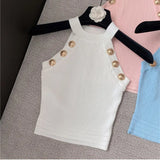 Quality 2022 Summer New Hollow Out Womens Tank Tops Thin Knitted Sleeveless Sexy Tops Golden Buttons Camisole Women