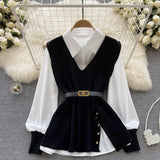 Sets + V Cooked Two Autumn Dress New Loose Wind Collar Knitted Tagonal Knitting Set Shirt