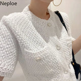 Korean Cardigan Women Clothing Short Sleeve Single Breasted Sweater O Neck Knit Black Tops 2023 Fashion White Coat
