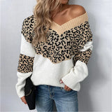 New Autumn Casual Woman Oversized Sweaters Winter Long Sleeve Knitted Jumper Sweater Women V-neck Leopard Print