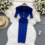 Button Knitted Dress Women Solid V Neck Summer 2022 Elegant Fashion Short Sleeves Ladies A Line Midi