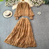 Autumn Lantern Sleeve Long-Sleeved Hollow Lace Splicing Shirt + A Word Half-Dress Dress Dress