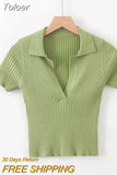 Women Polo Shirts Short Sleeve Knit T-shirt Plain Women Ribbed V-neck Crop Top Solid Slim Cropped Tees 2023